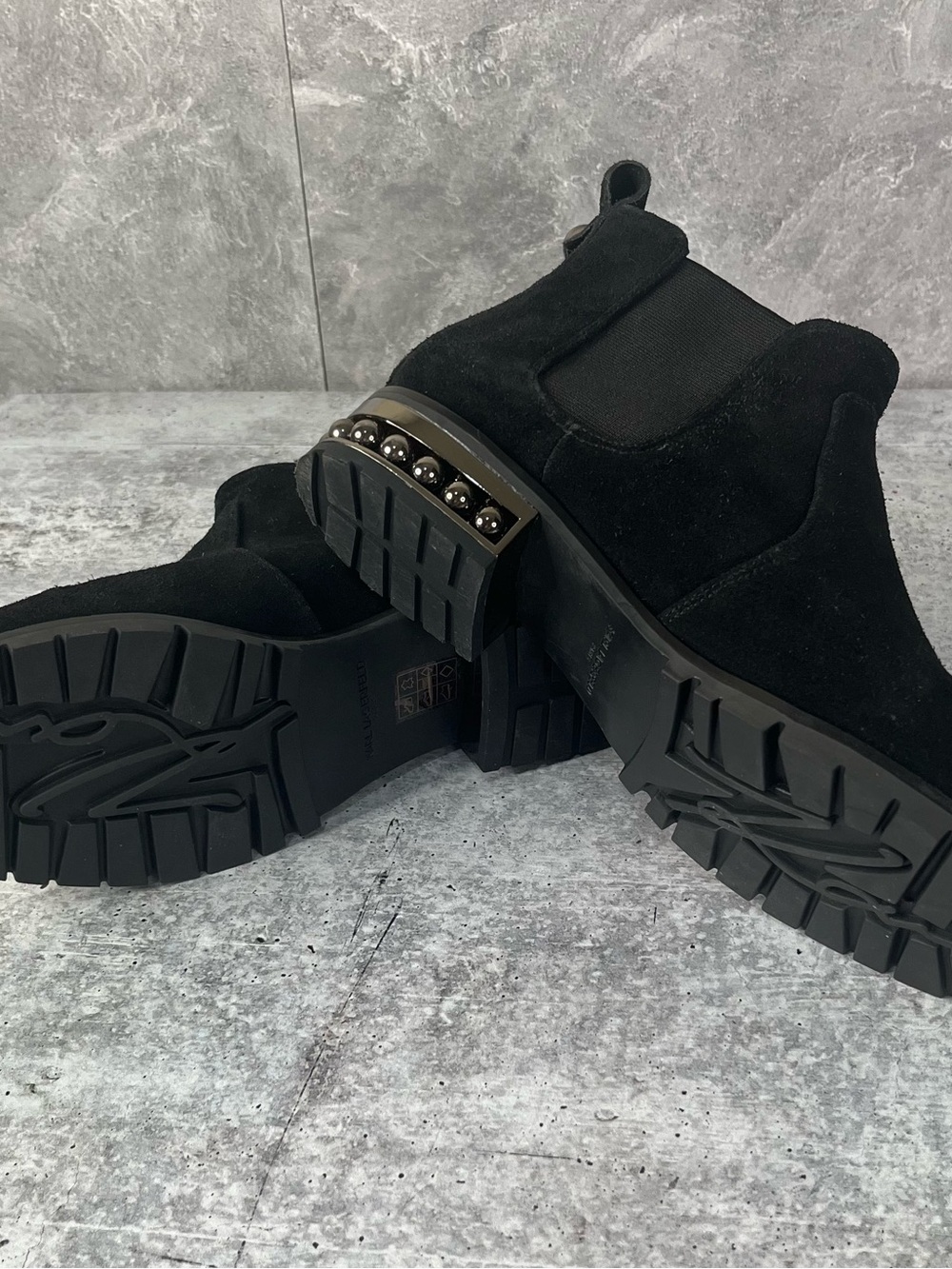 Karl Lagerfeld Black Suede Chelsea Booties with Studded Heel Trim